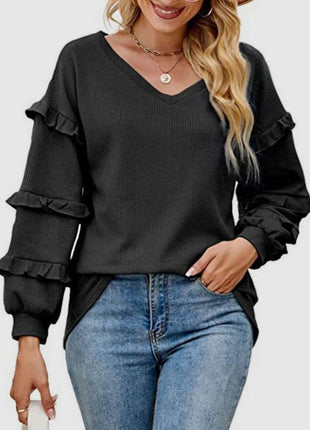 Ruffled V-Neck Long Sleeve T-Shirt - MimiStylez