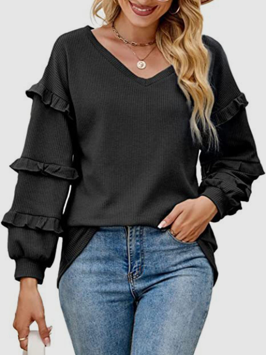 Ruffled V-Neck Long Sleeve T-Shirt