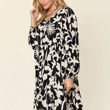 Double Take Full Size Printed Ruffle Hem Dress with Pocket - MimiStylez