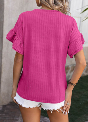 Ruffled Round Neck Short Sleeve Blouse - MimiStylez