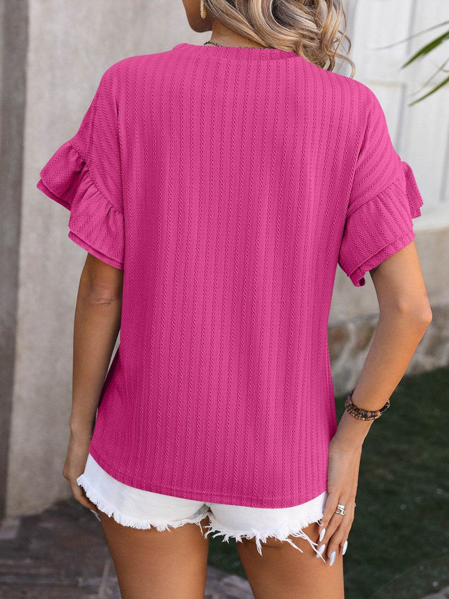 Ruffled Round Neck Short Sleeve Blouse - MimiStylez