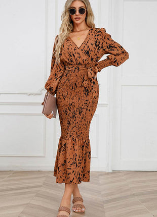 Printed V-Neck Smocked Midi Dress - MimiStylez
