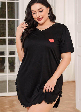 Plus Size Lace Trim V-Neck Short Sleeve Night Dress - MimiStylez