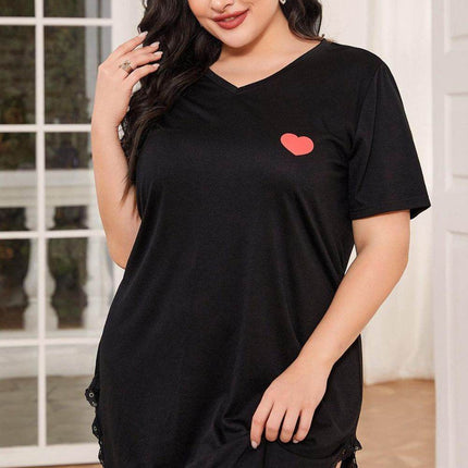 Plus Size Lace Trim V-Neck Short Sleeve Night Dress - MimiStylez