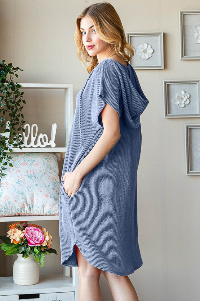 Heimish Full Size Ribbed Short Sleeve Hooded Dress - MimiStylez