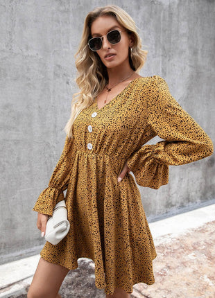 Decorative Button V-Neck Flounce Sleeve Dress - MimiStylez