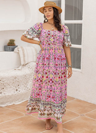 Plus Size Printed Square Neck Ruffle Hem Dress - MimiStylez