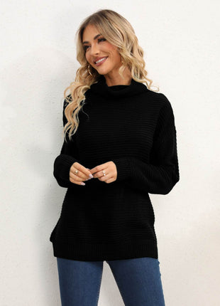 Slit Turtleneck Dropped Shoulder Sweater - MimiStylez