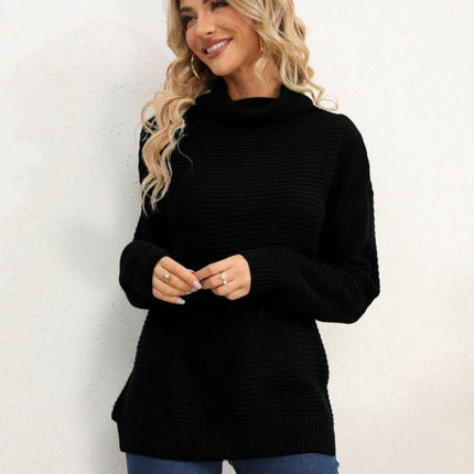 Slit Turtleneck Dropped Shoulder Sweater - MimiStylez