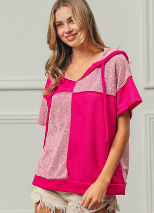 BiBi Color Block Exposed Seam Short Sleeve Hooded Top - MimiStylez