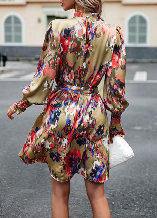 Printed Tie Waist Mock Neck Lantern Sleeve Dress - MimiStylez