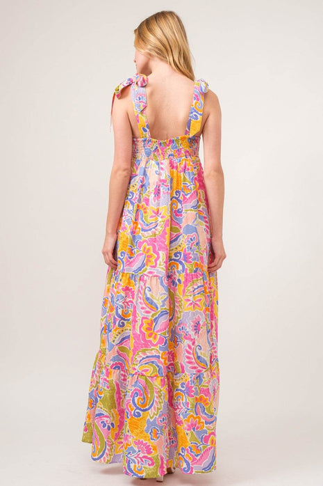 And The Why Full Size Printed Tie Shoulder Tiered Maxi Dress - MimiStylez
