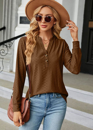 Notched Neck Long Sleeve Buttoned Blouse - MimiStylez