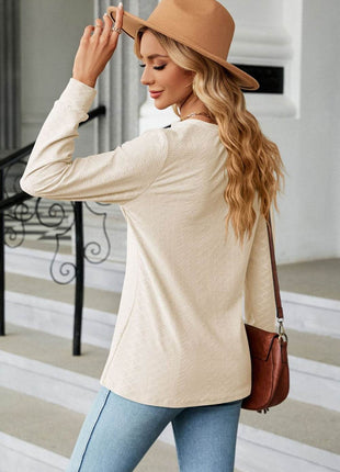 Notched Neck Long Sleeve Buttoned Blouse - MimiStylez