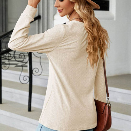 Notched Neck Long Sleeve Buttoned Blouse - MimiStylez