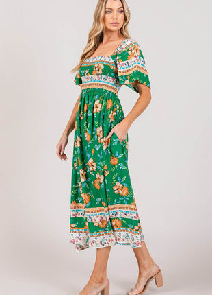 SAGE + FIG Printed Smocked Short Sleeve Midi Dress - MimiStylez