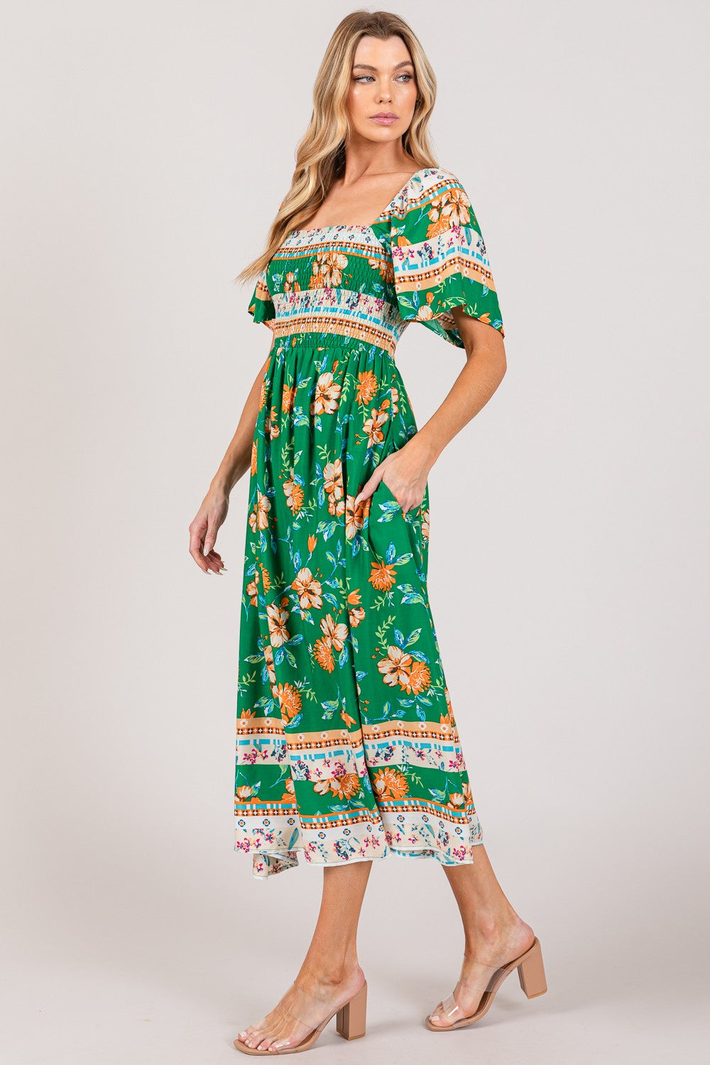 SAGE + FIG Printed Smocked Short Sleeve Midi Dress