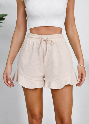 Full Size Drawstring Ruffle Hem Shorts - MimiStylez