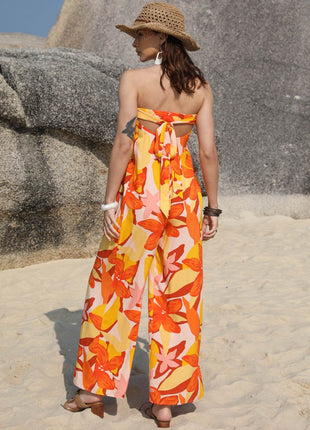 Tied Printed Tube Wide Leg Jumpsuit - MimiStylez