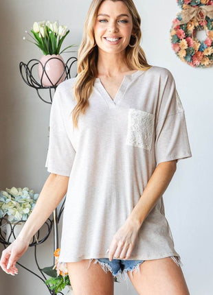 Heimish Full Size Lace Front Pocket Drop Shoulder Top - MimiStylez