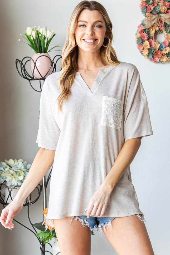 Heimish Full Size Lace Front Pocket Drop Shoulder Top - MimiStylez