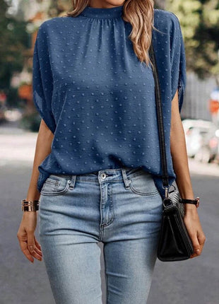 Swiss Dot Mock Neck Half Sleeve Blouse - MimiStylez