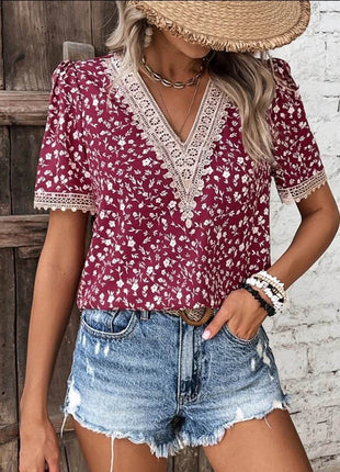 Full Size Printed V-Neck Short Sleeve Blouse - MimiStylez