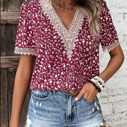 Full Size Printed V-Neck Short Sleeve Blouse - MimiStylez
