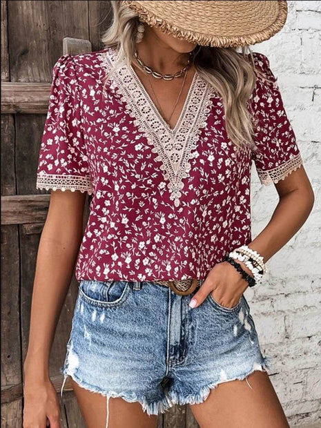 Full Size Printed V-Neck Short Sleeve Blouse - MimiStylez