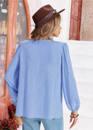 Floral Tie Neck Balloon Sleeve Blouse - MimiStylez
