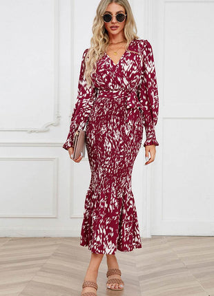 Printed V-Neck Smocked Midi Dress - MimiStylez