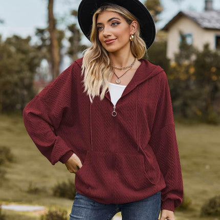 Zip Up Drawstring Long Sleeve Hooded Jacket - MimiStylez