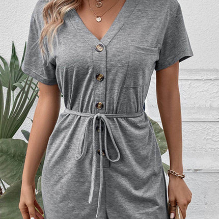 V-Neck Short Sleeve Tied Romper - MimiStylez