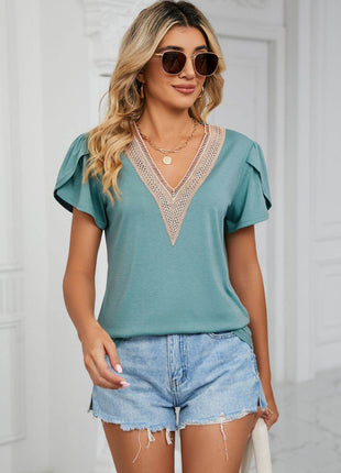 Contrast Trim Petal Sleeve V-Neck Top - MimiStylez