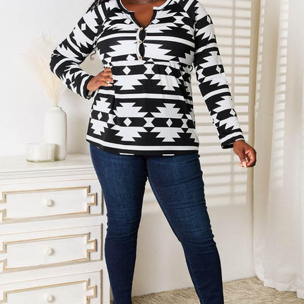 Heimish Full Size Geometric Notched Neck Long Sleeve Top - MimiStylez