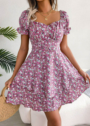 Floral Sweetheart Neck Flounce Sleeve Mini Dress - MimiStylez