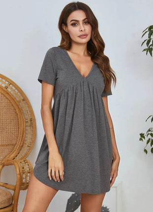 V-Neck Short Sleeve Lounge Dress - MimiStylez