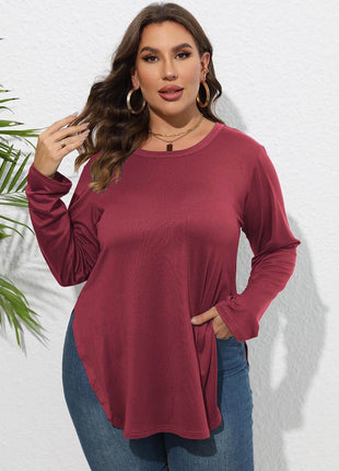 Plus Size Round Neck Long Sleeve Slit T-Shirt - MimiStylez