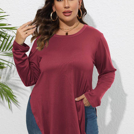 Plus Size Round Neck Long Sleeve Slit T-Shirt - MimiStylez