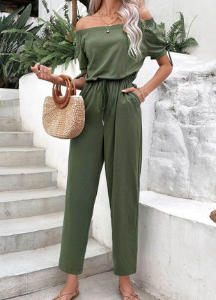 Off-Shoulder Tie Cuff Jumpsuit with Pockets - MimiStylez