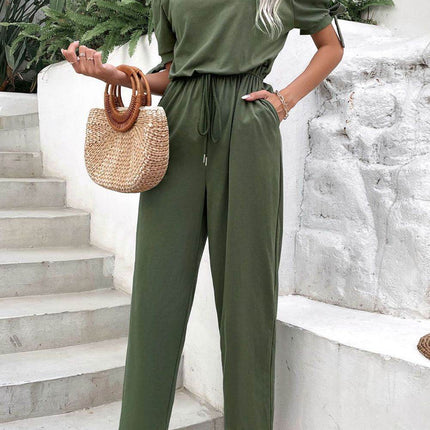 Off-Shoulder Tie Cuff Jumpsuit with Pockets - MimiStylez