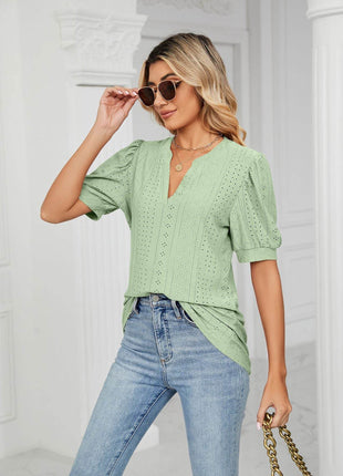Eyelet Short Puff Sleeve Notched Neck Top - MimiStylez