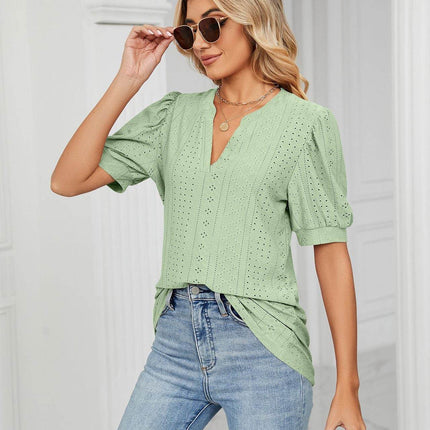 Eyelet Short Puff Sleeve Notched Neck Top - MimiStylez