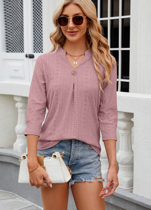 Eyelet Notched Knit Jacquard Top - MimiStylez