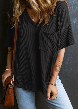 Textured V-Neck Dropped Shoulder T-Shirt - MimiStylez