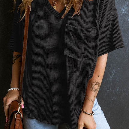 Textured V-Neck Dropped Shoulder T-Shirt - MimiStylez