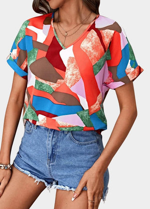 Printed V-Neck Short Sleeve Blouse - MimiStylez
