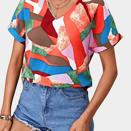 Printed V-Neck Short Sleeve Blouse - MimiStylez
