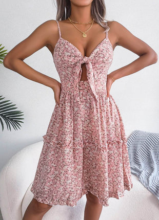 Frill Ditsy Floral Spaghetti Strap Mini Dress - MimiStylez