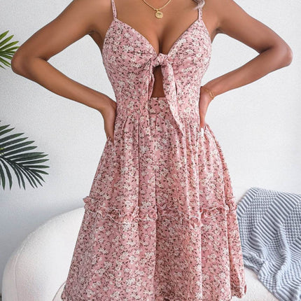 Frill Ditsy Floral Spaghetti Strap Mini Dress - MimiStylez